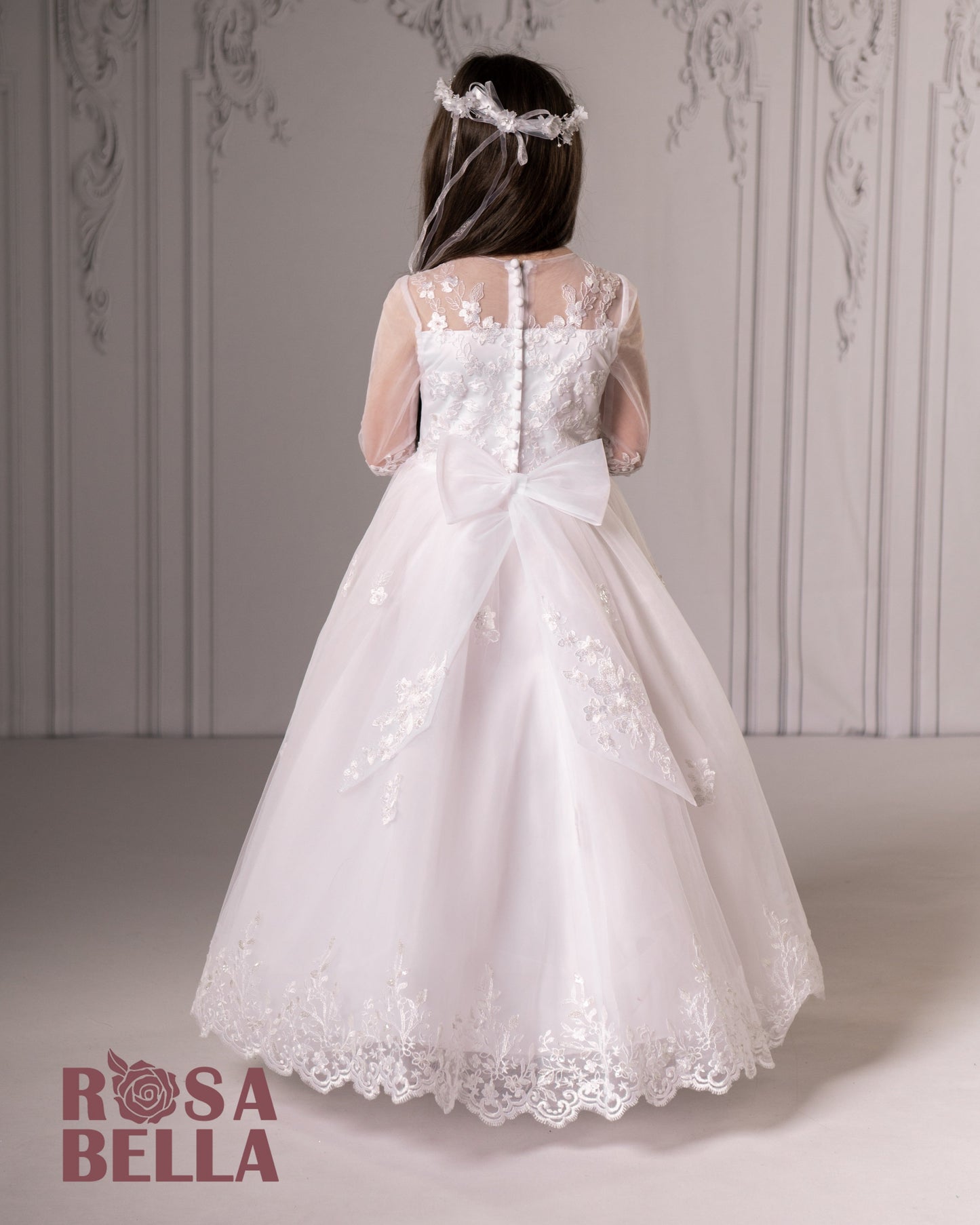 Back Rosa Bella Communion Dress with 3/4 sheer lace sleeve