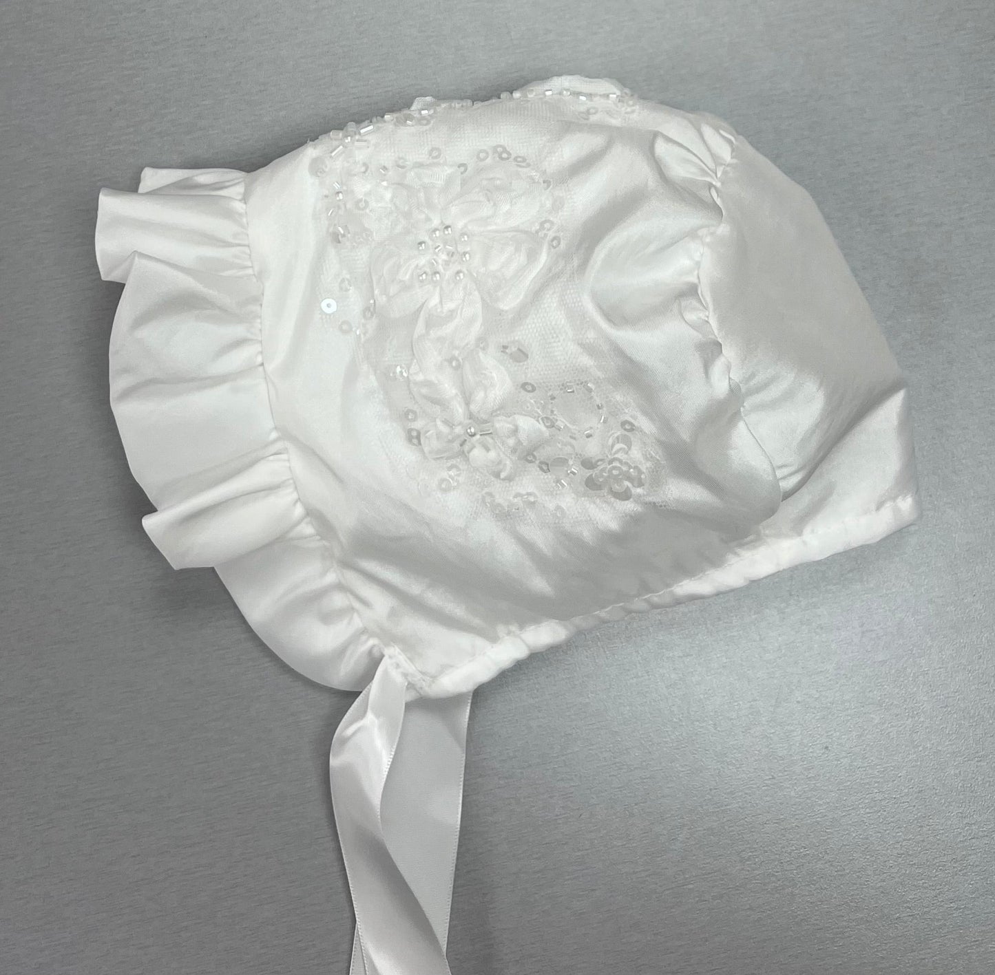 Girls' Christening Gown Set with 3D Floral Appliqués, Sequins & Matching Bonnet