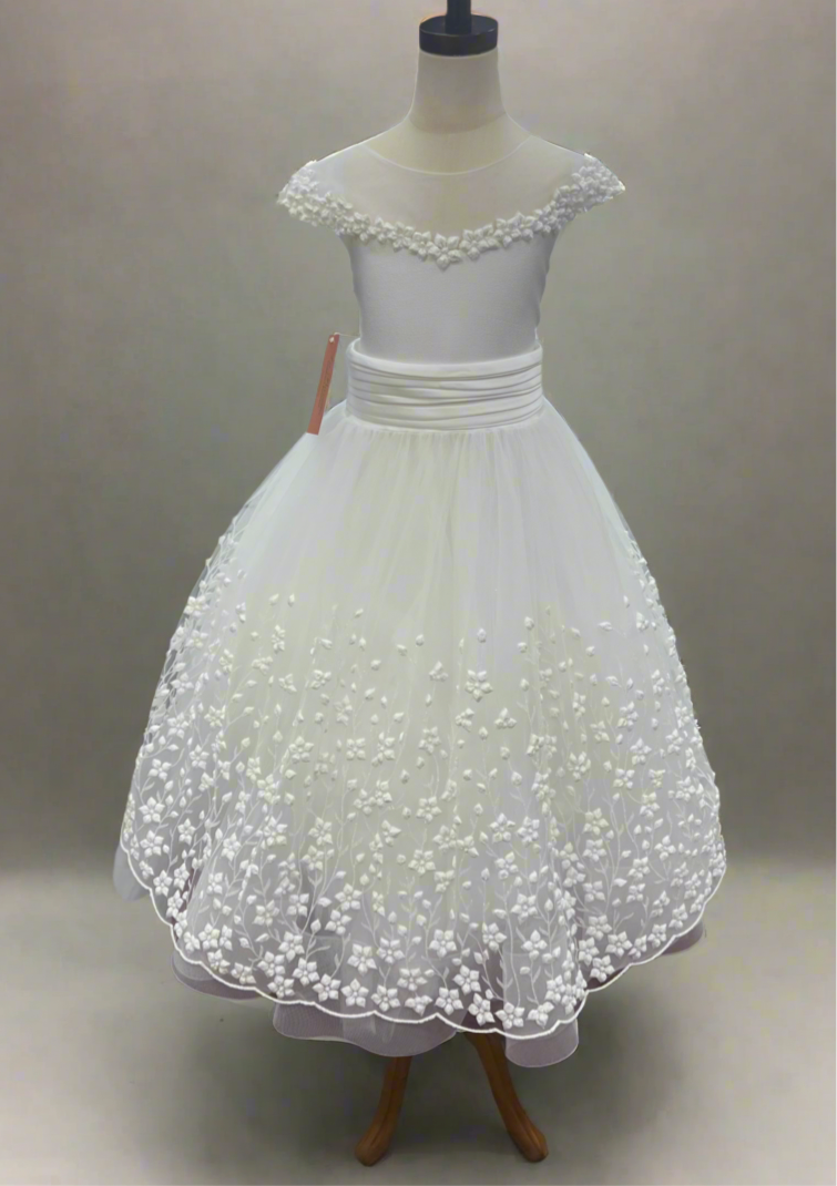 Michelina Bimbi
Made in Italy Communion Dress with Embroidered Floral Skirt and Ruched Belt J4015AM