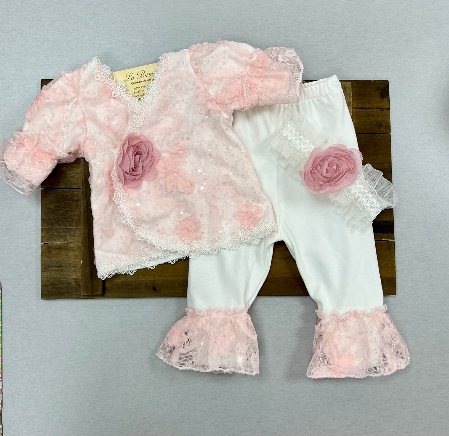 2pc Baby Girls pink & white lace pants set 3846-1