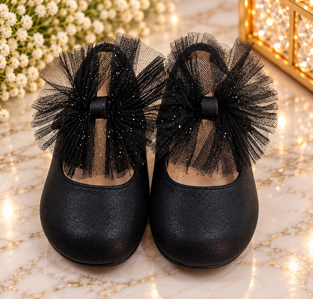 Girls’ Black Shimmer Dress Shoes with Oversized Mesh Bows Ruthie