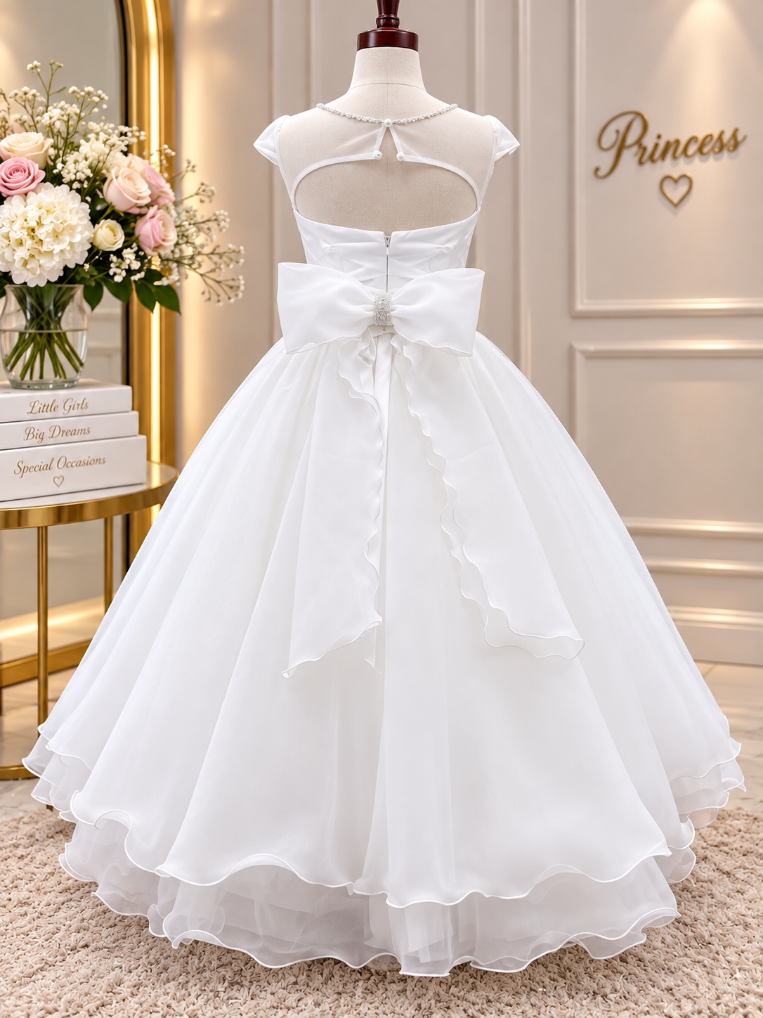 Girls White Floral Embroidered Organza Ball Gown – Made in Italy