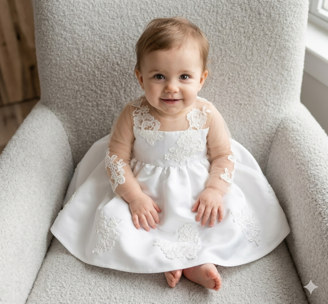 Christening Baby in a white dress with lace