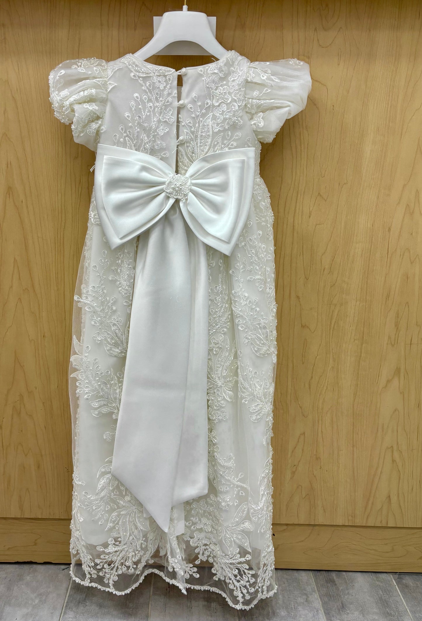 Ivory Beaded Lace Christening Gown with Satin Bow