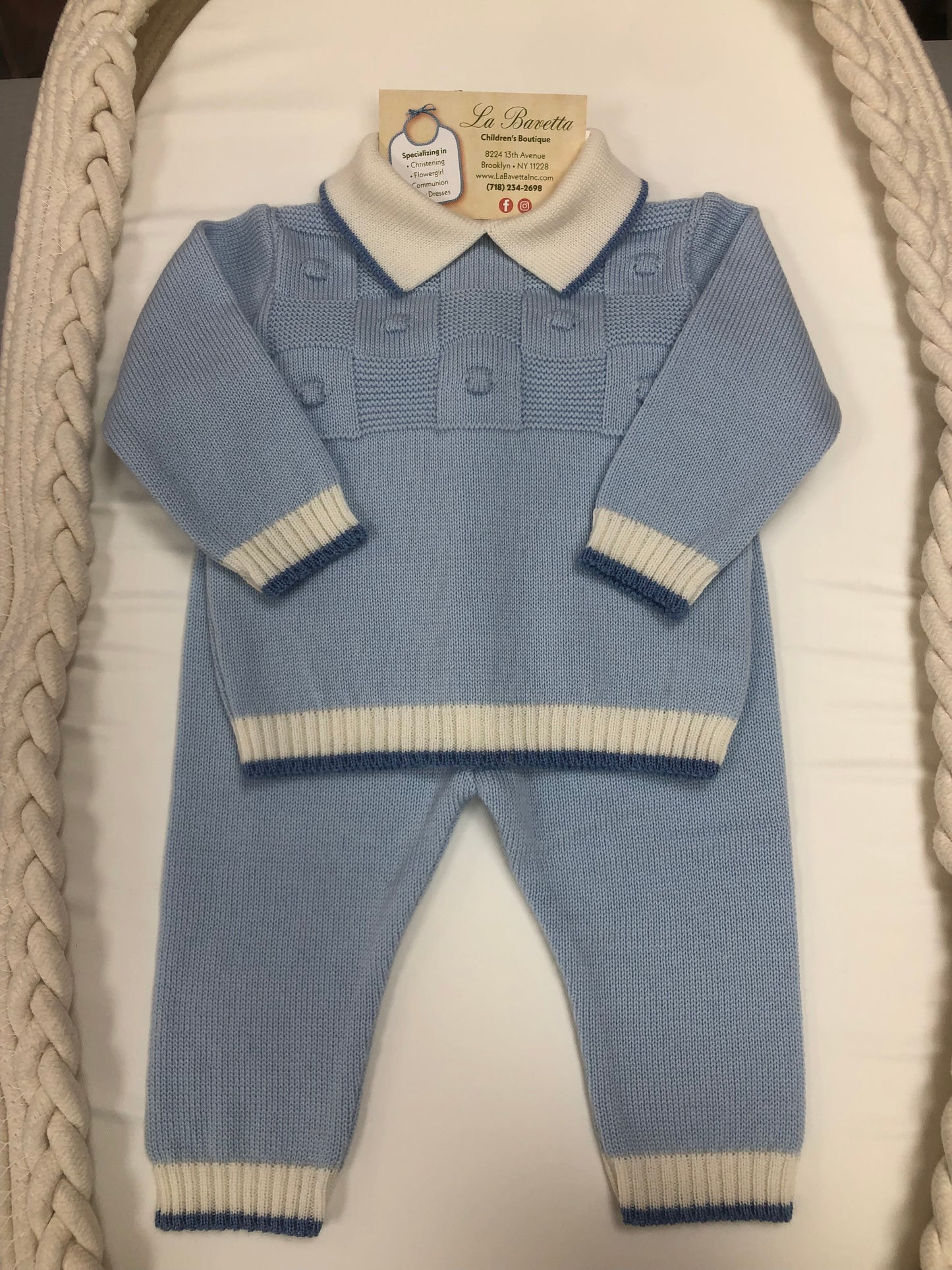 Baby Boy 2pc powder Blue &Ivory pants Set. Made In Italy