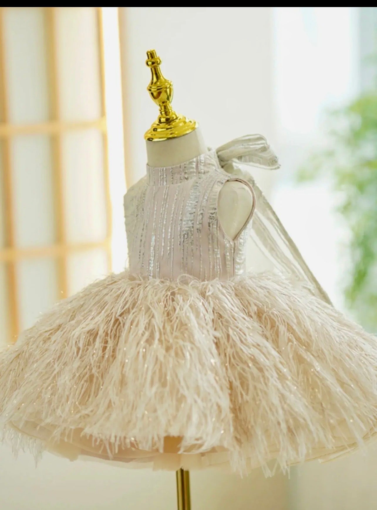 Champagne Feather Couture Baby Dress – Sequin Bodice & Ostrich Feather Skirt