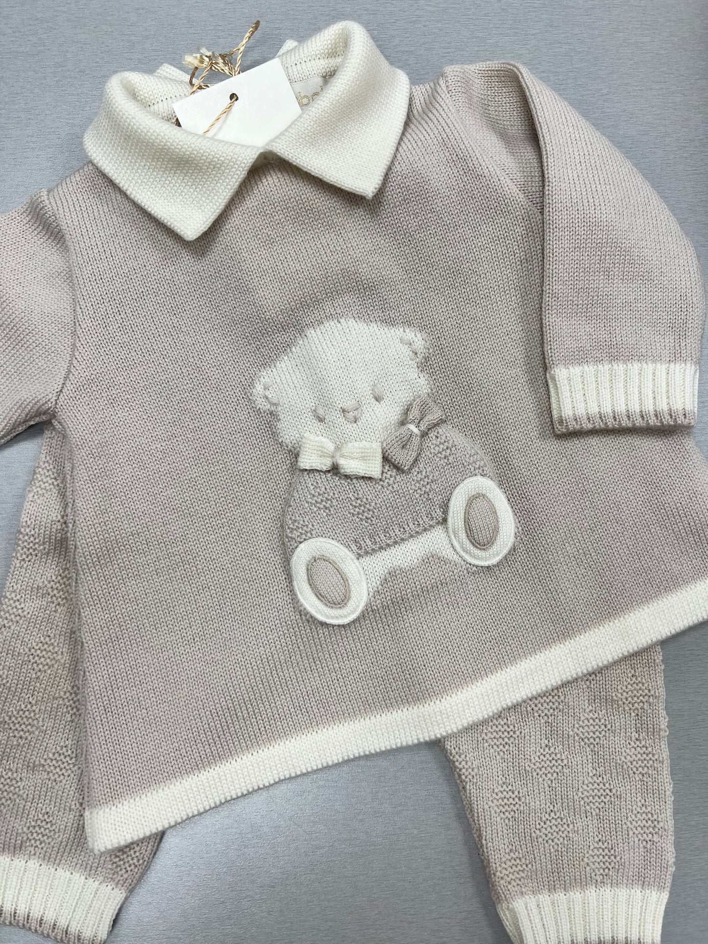 Boys Tan & Ivory Bear knit set Made In Italy