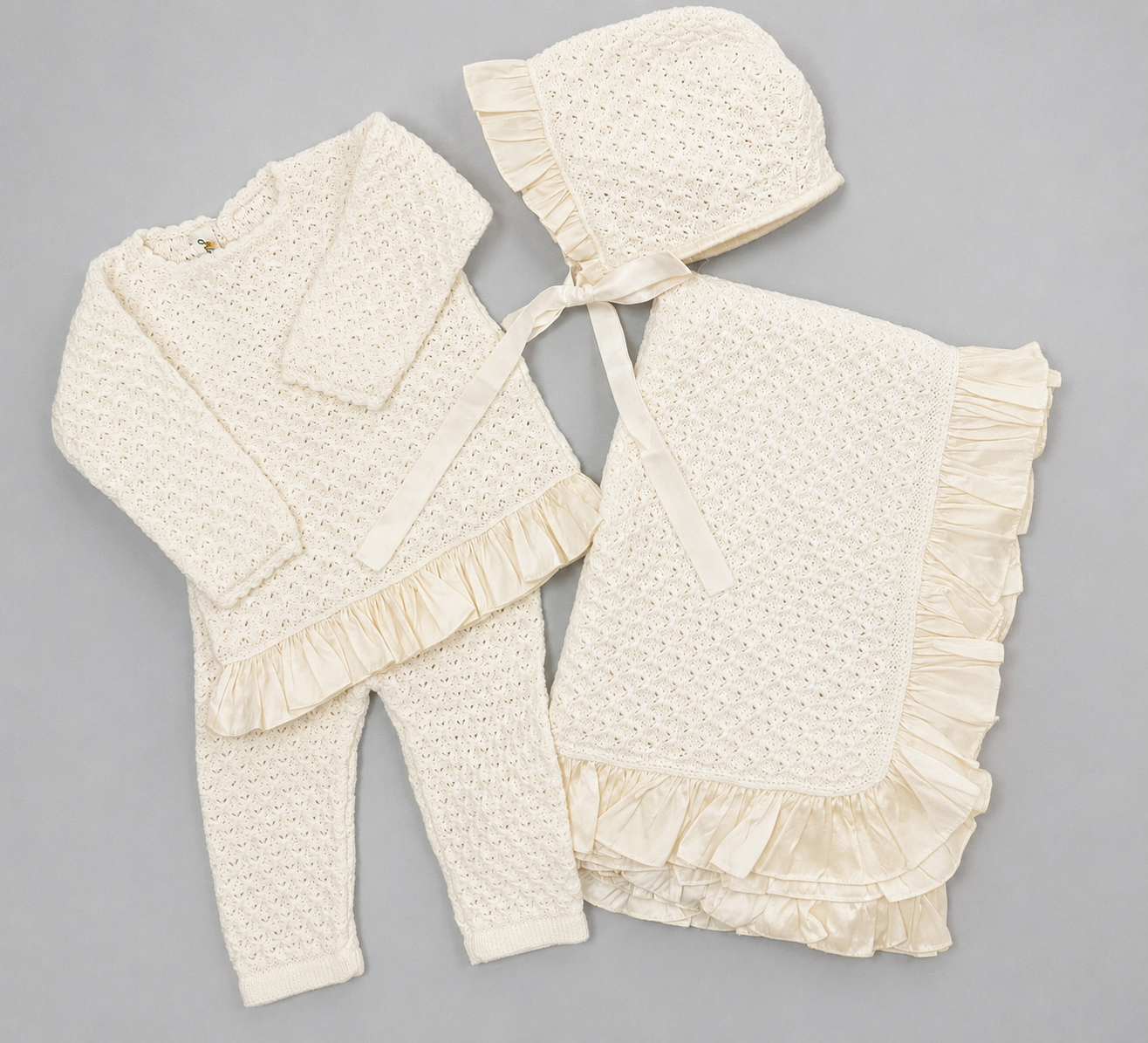 Ivory Knit Baby Take-Home Set with Ruffled Silk Trim