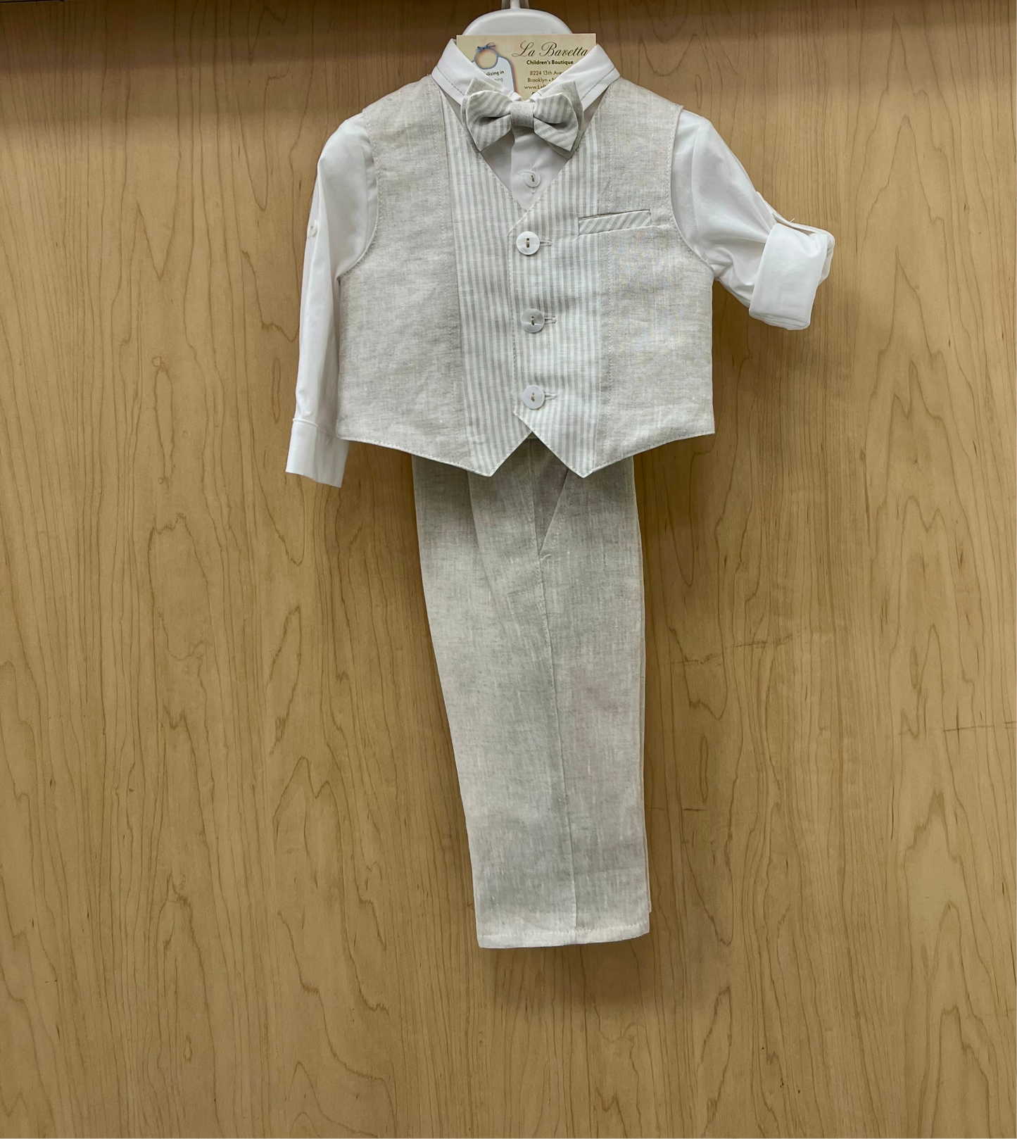 Bimbalo Boys 4 Piece Beige Linen Pants and Vest Outfit 6090
