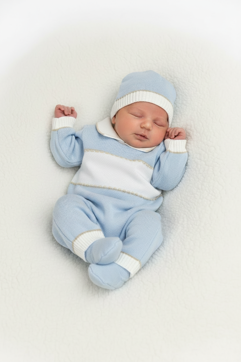 Baby Blue Knit Take-Home Set with Blanket Made In Italy