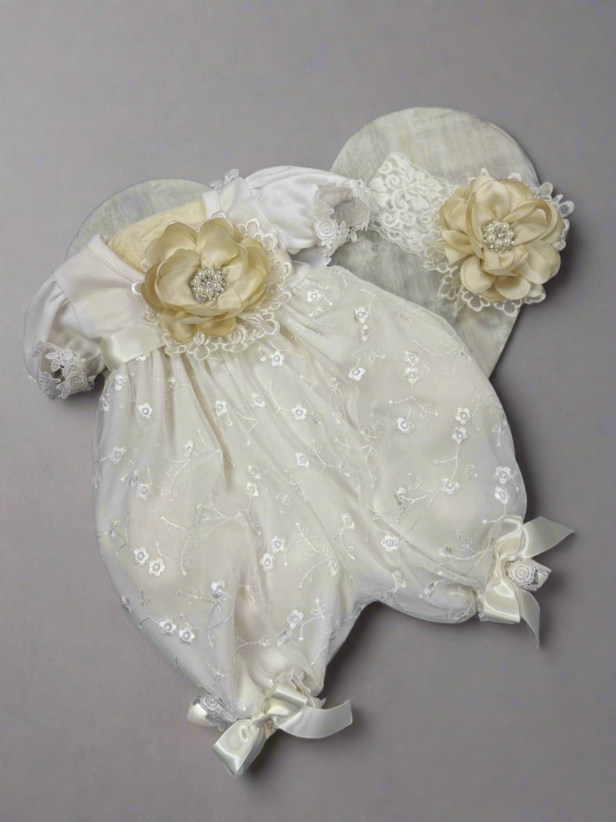 Katie Rose Pam Romper Ivory W/ neutral flower