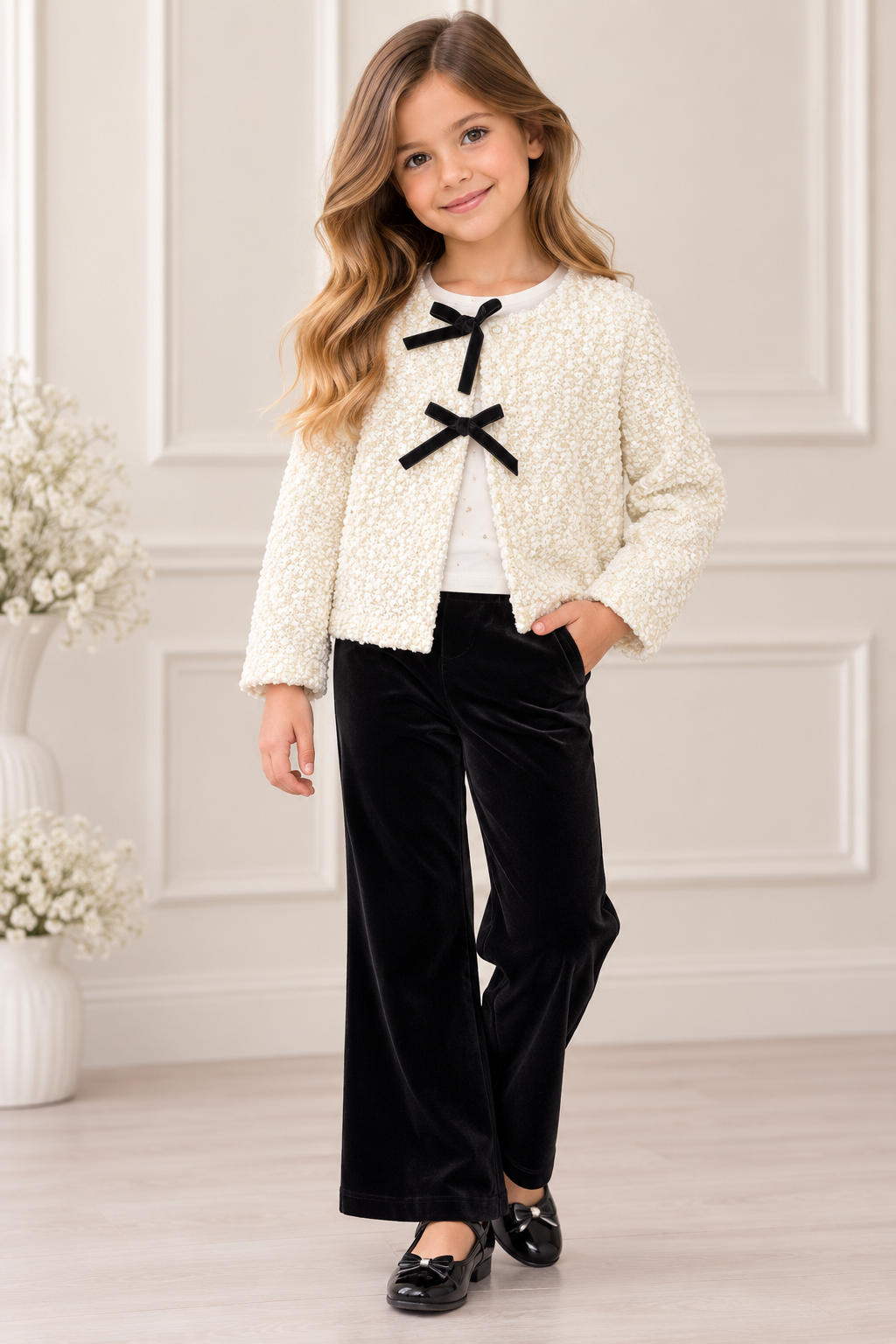 Ivory Boucle Bow Jacket & Black Velvet Pants Set