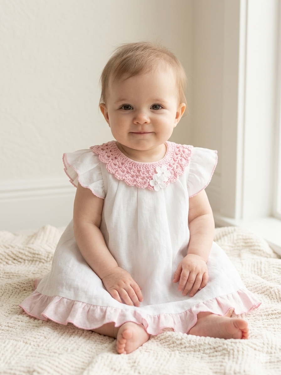 White Dress with Pink Crochet Collar