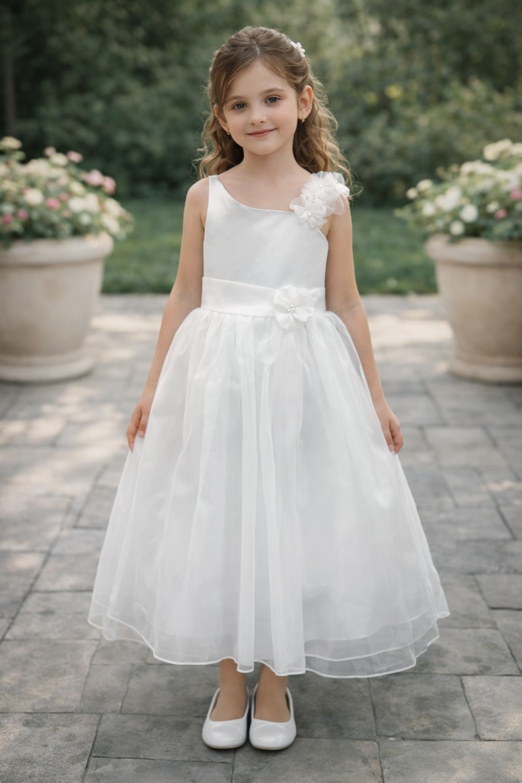 White with Shoulder Flower communion /Flower Girl Dress