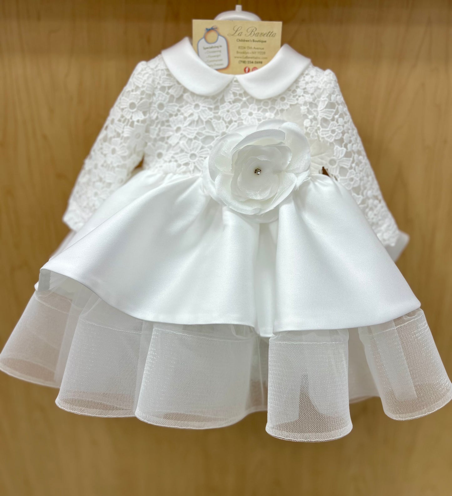 Short white Micado Lace Top Christening Dress