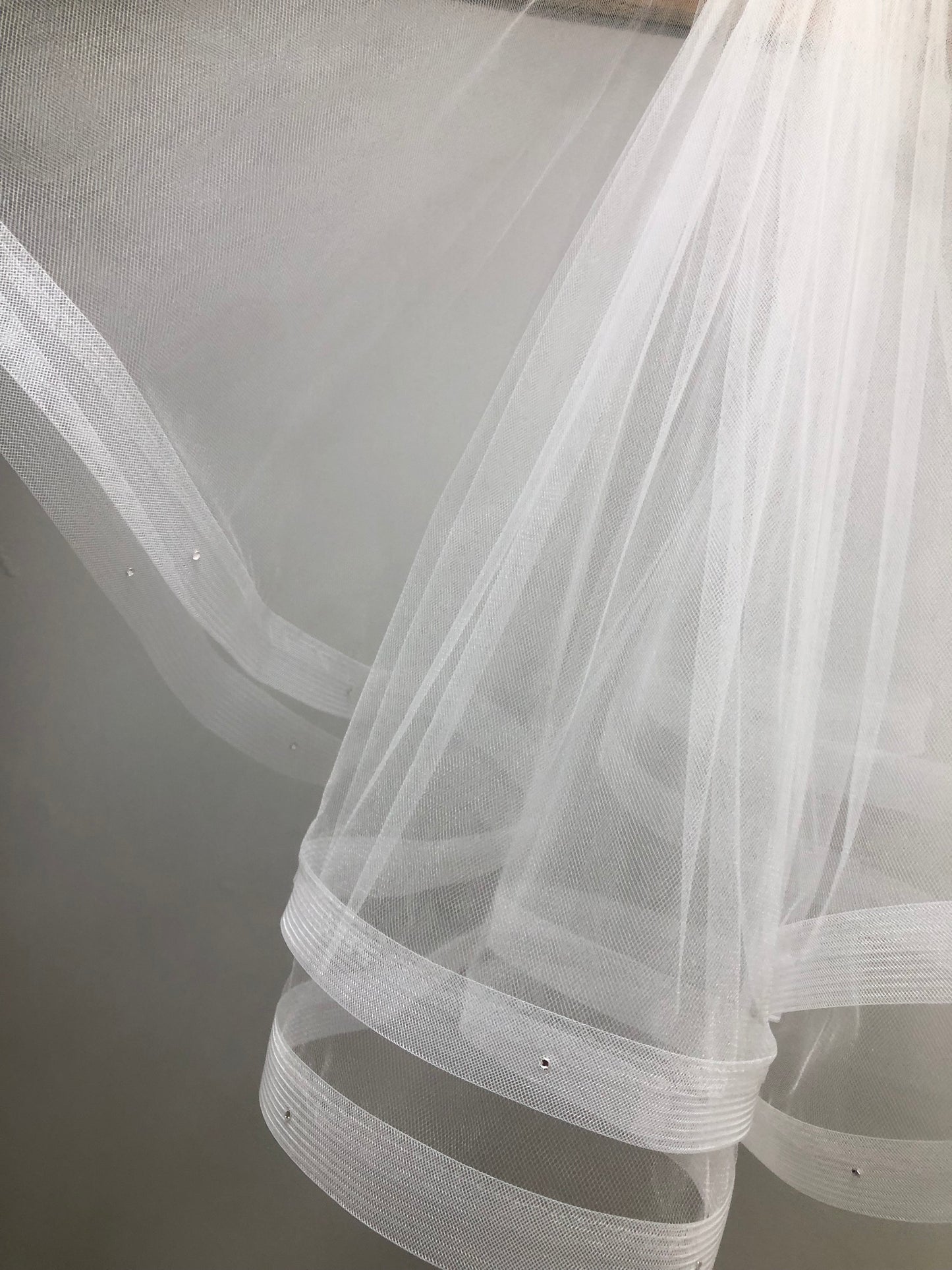 White communion veil with Horse Hair border and scattered stones