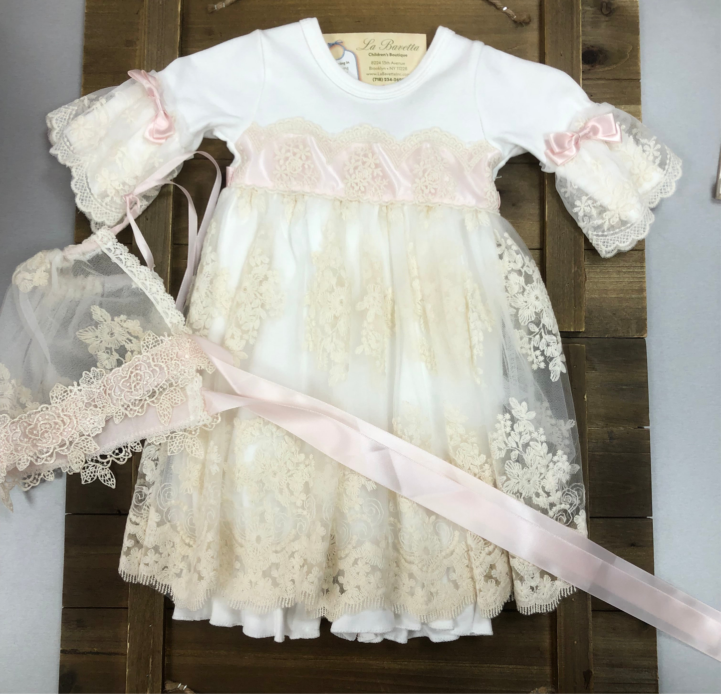 Elegant Ivory Lace Dress/Romper With Pink Details and matching Bonnet
