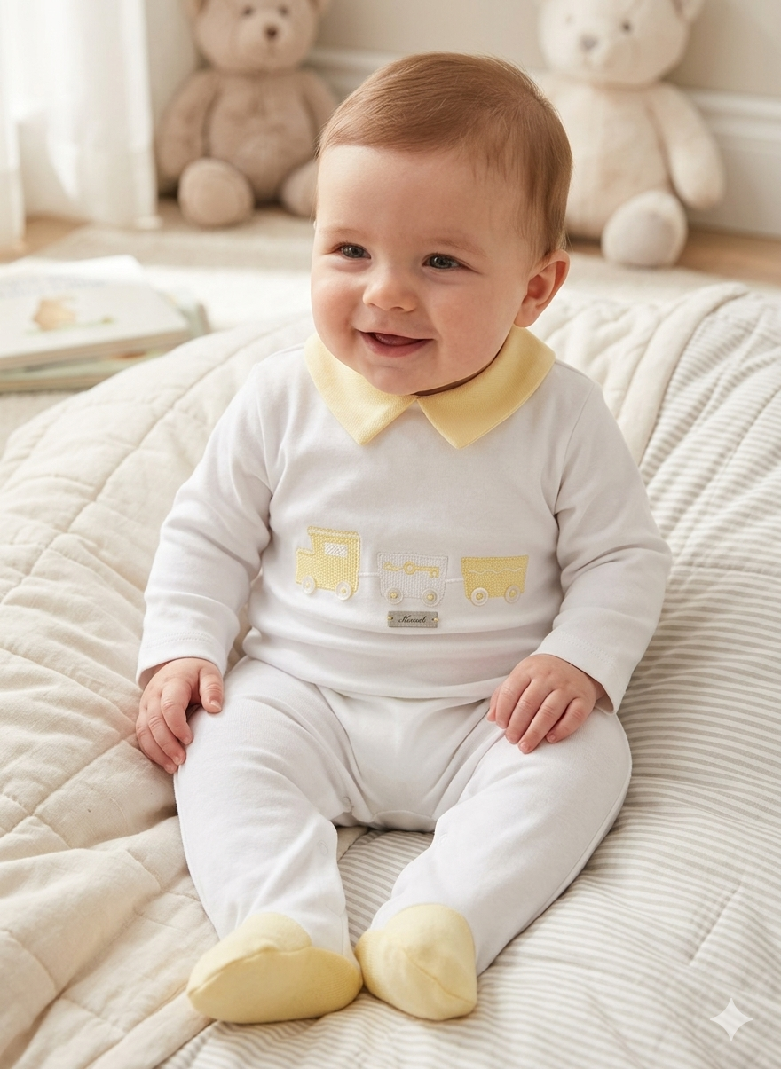 Baby Train Embroidered Footie Romper Made In Italy