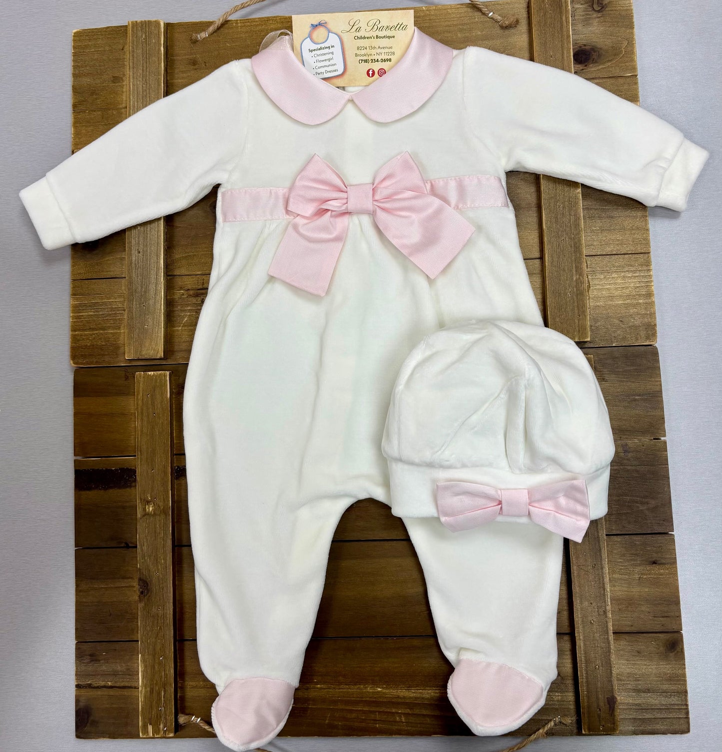 Baby Girl White & Pink Velour Take-Home Set with Bow Made In Italy