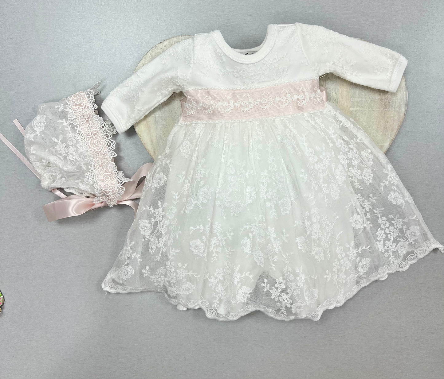 Lace Romper/Dress with pink accents & Bonnet