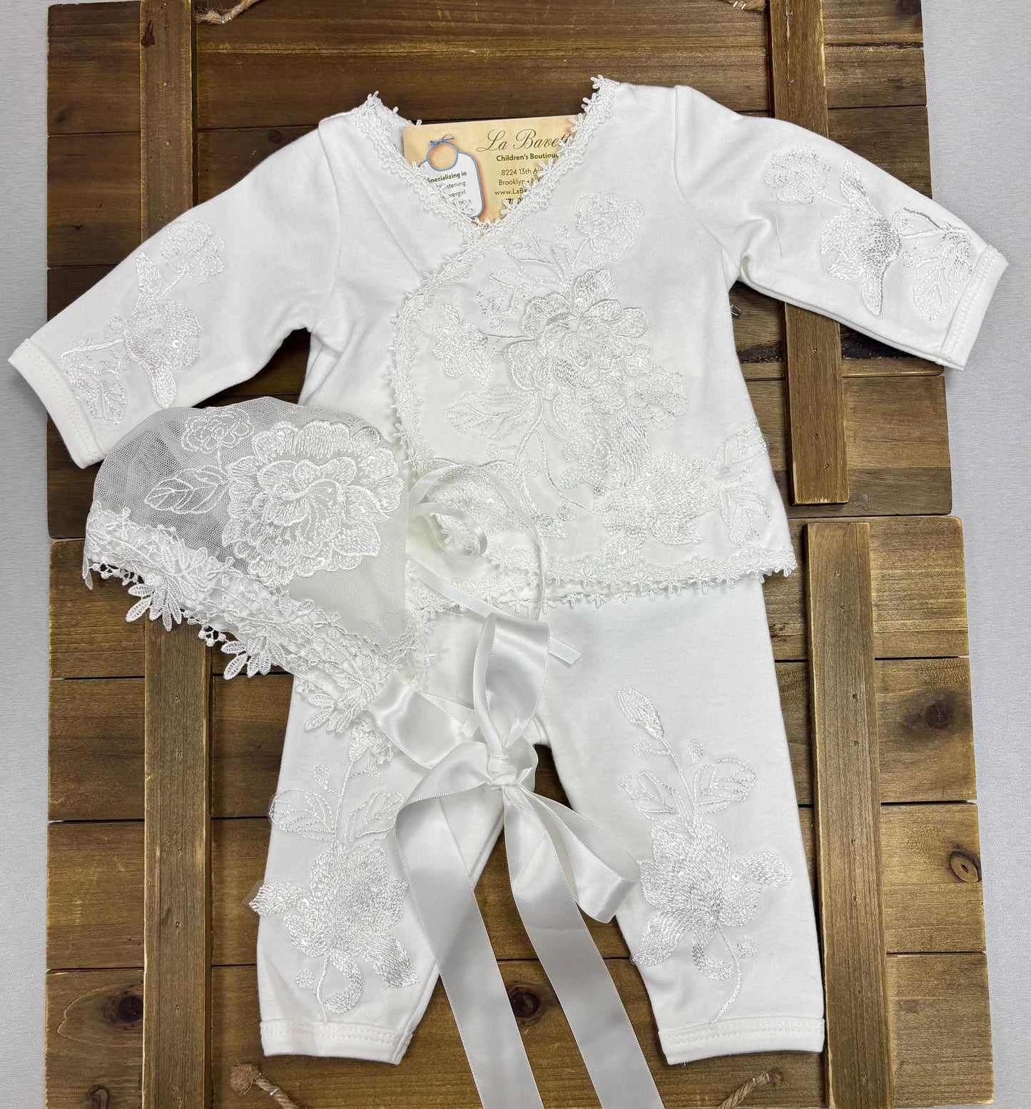 Baby after Christening 3-Piece Lace Set – Top, Pants & Bonnet