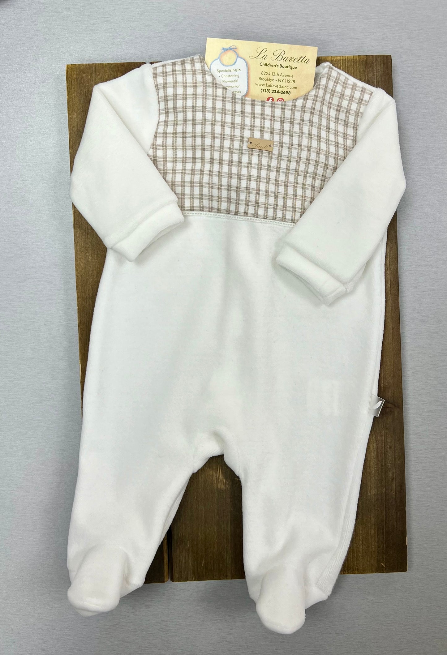 Velour/cotton baby Boys ivory with light plaid romper012406217-2