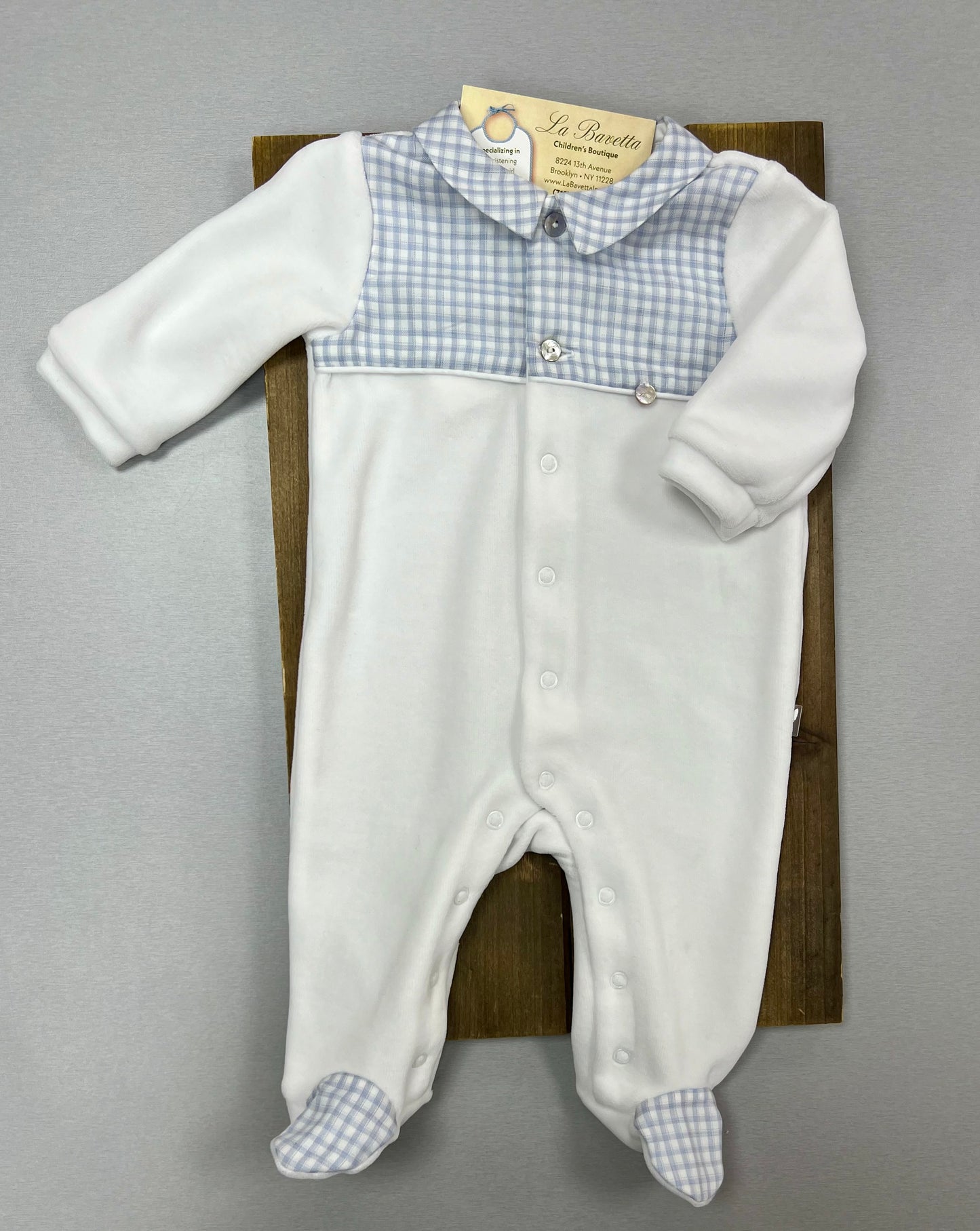 White with blue checkered velour cotton romper