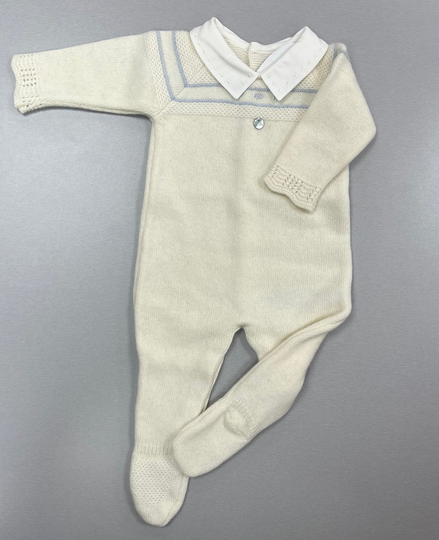 Dk131 ivory & blue baby boy romper