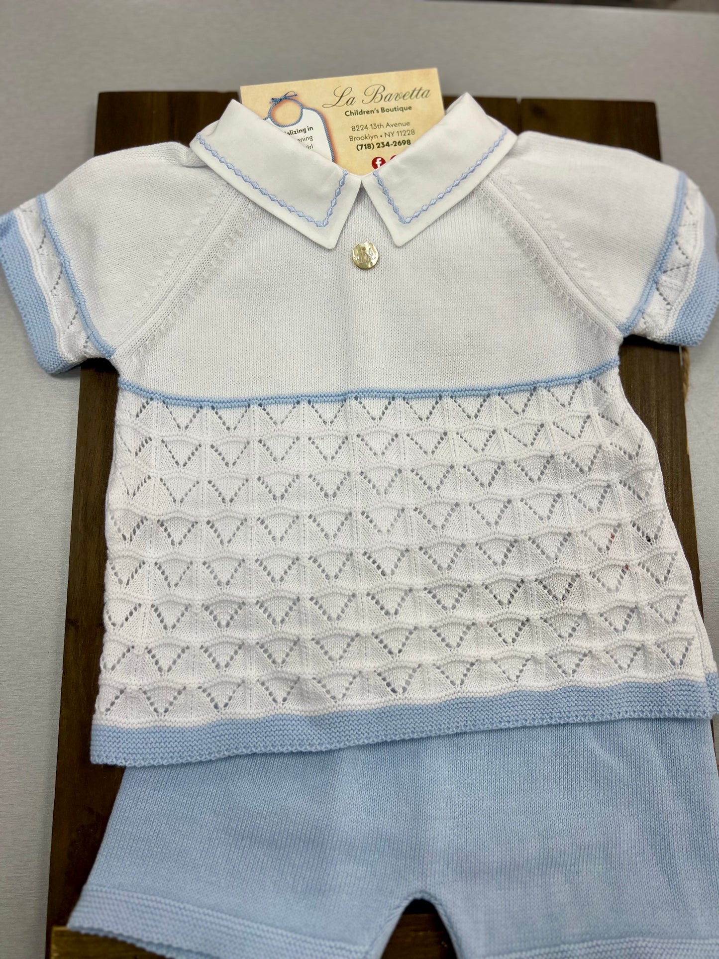 Baby Boy 2pc cotton knit blue and white shorts set DK116