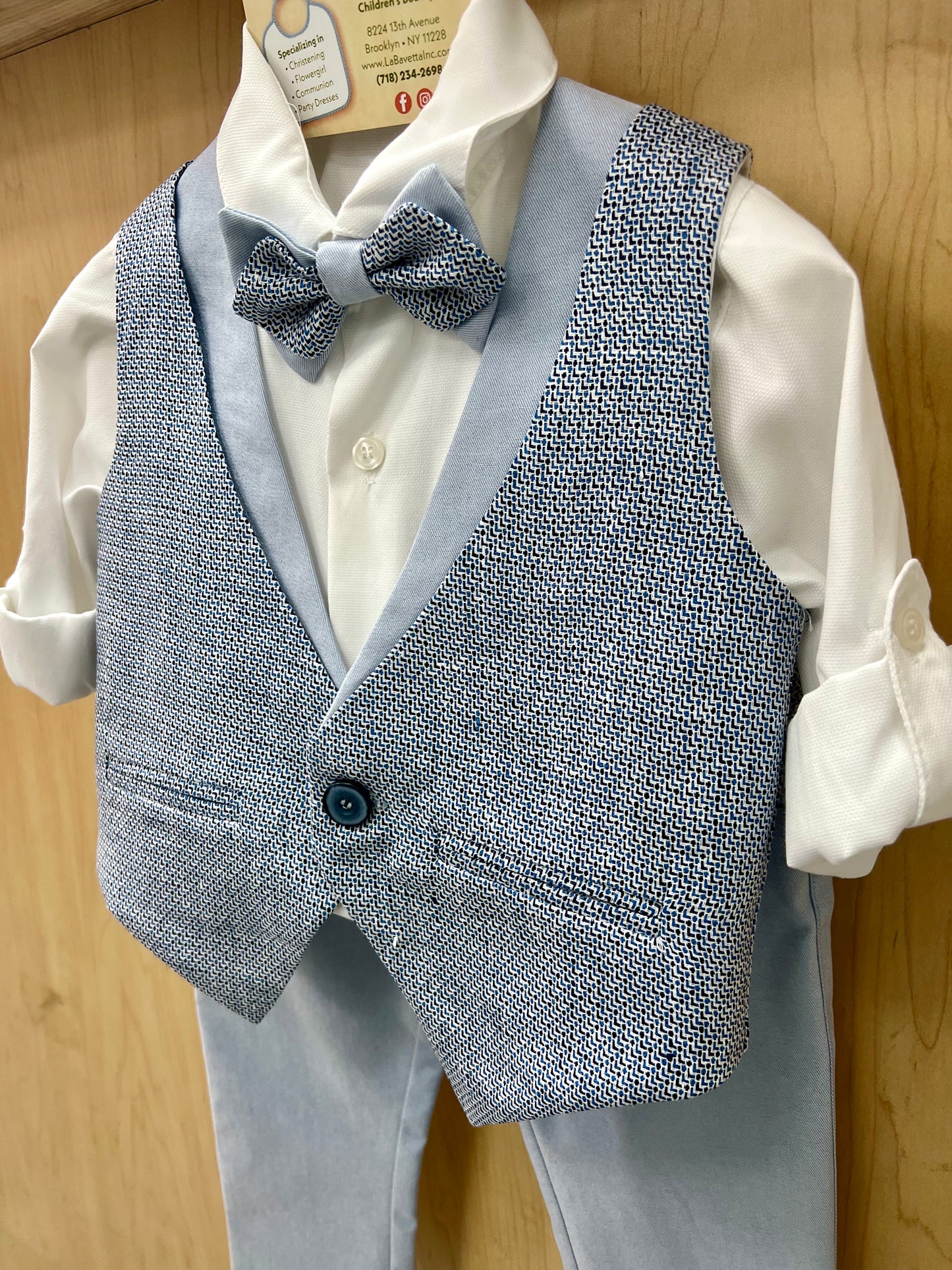 Boys 4-Piece Formal Outfit Set – White Shirt, Textured Vest, Bow Tie & Light Blue Pants