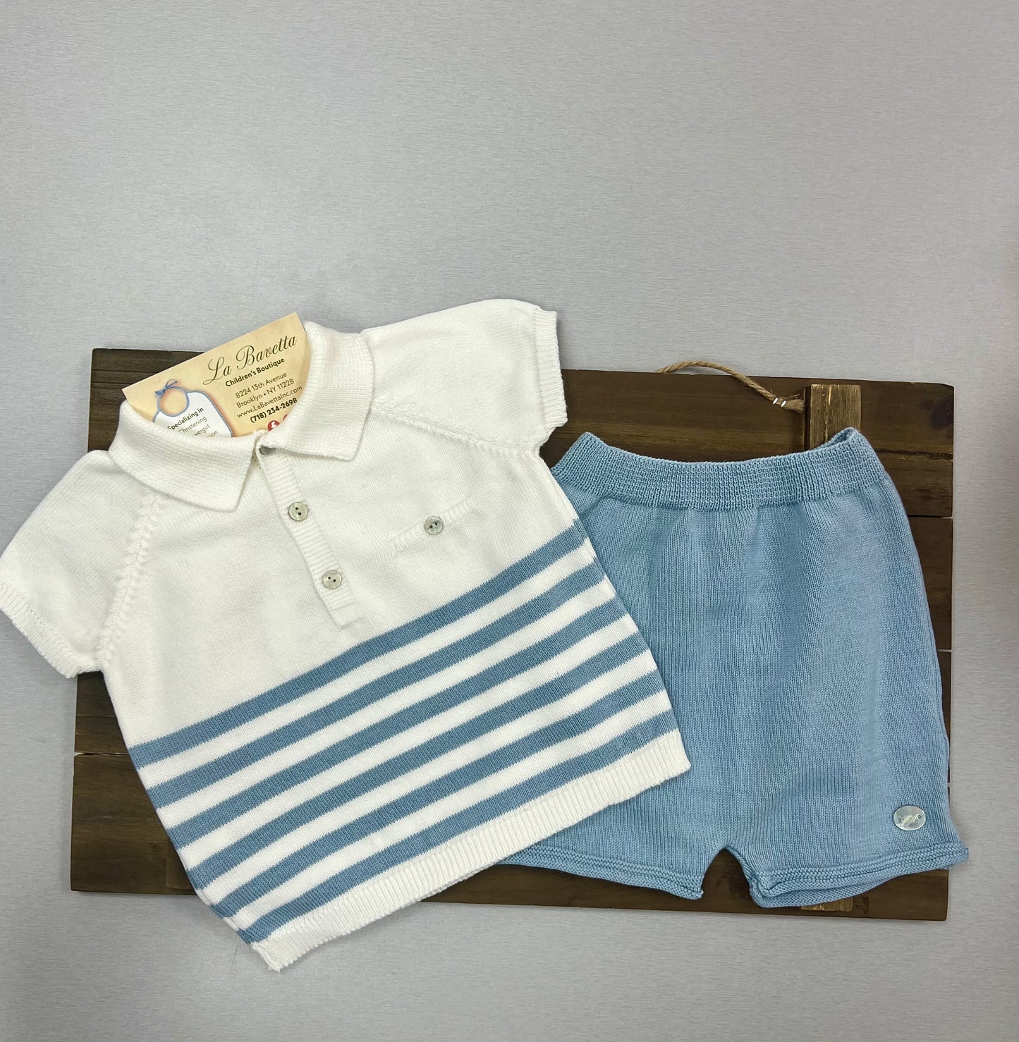 2pc cotton knit baby blue & white boys shorts outfit
