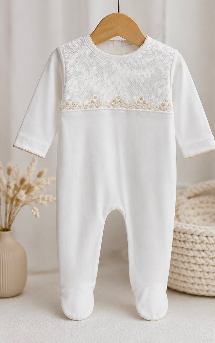 White Smocked Baby Footie with Pink Embroidery
