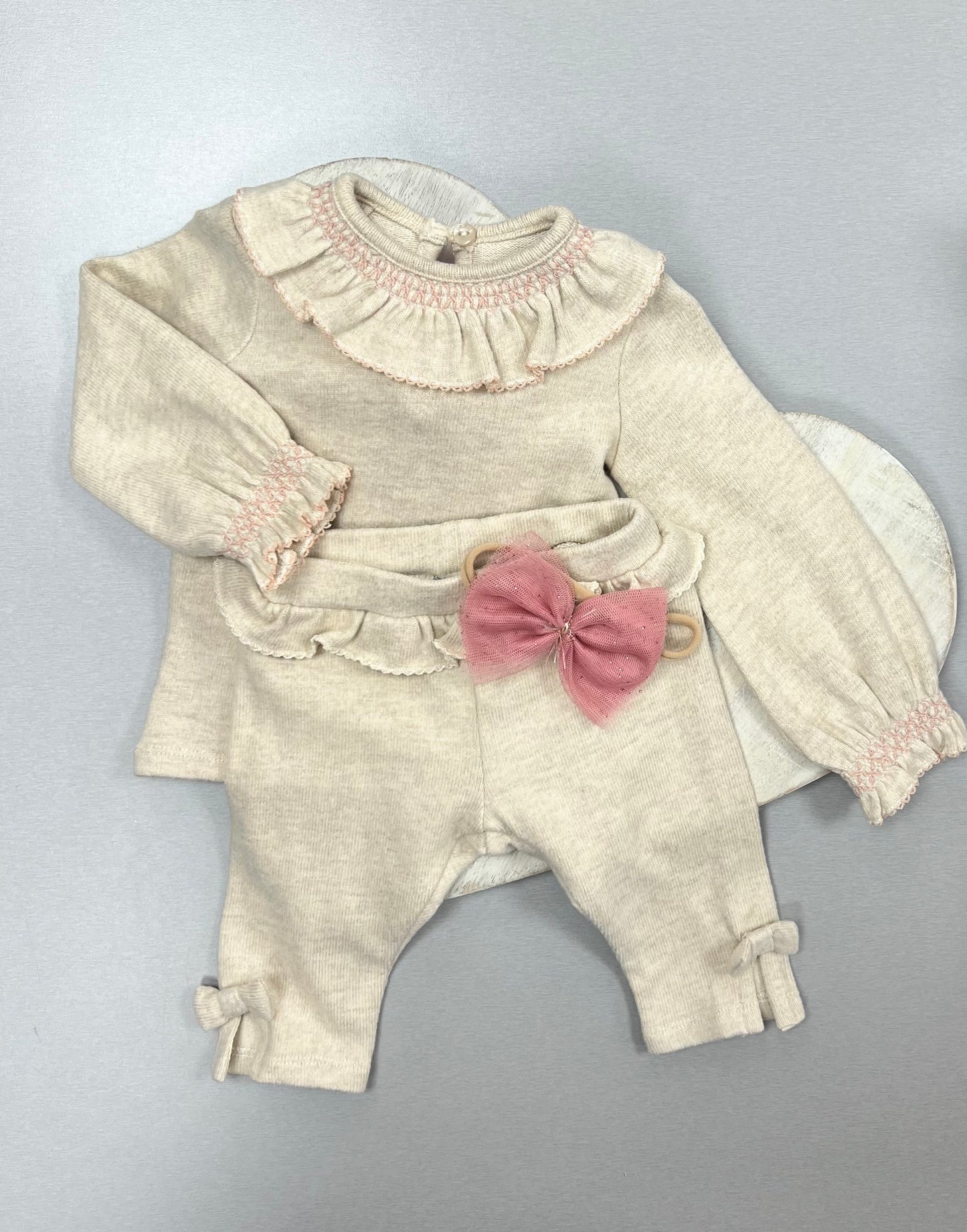 Cream Baby Girls soft pants set with Blush pink accents