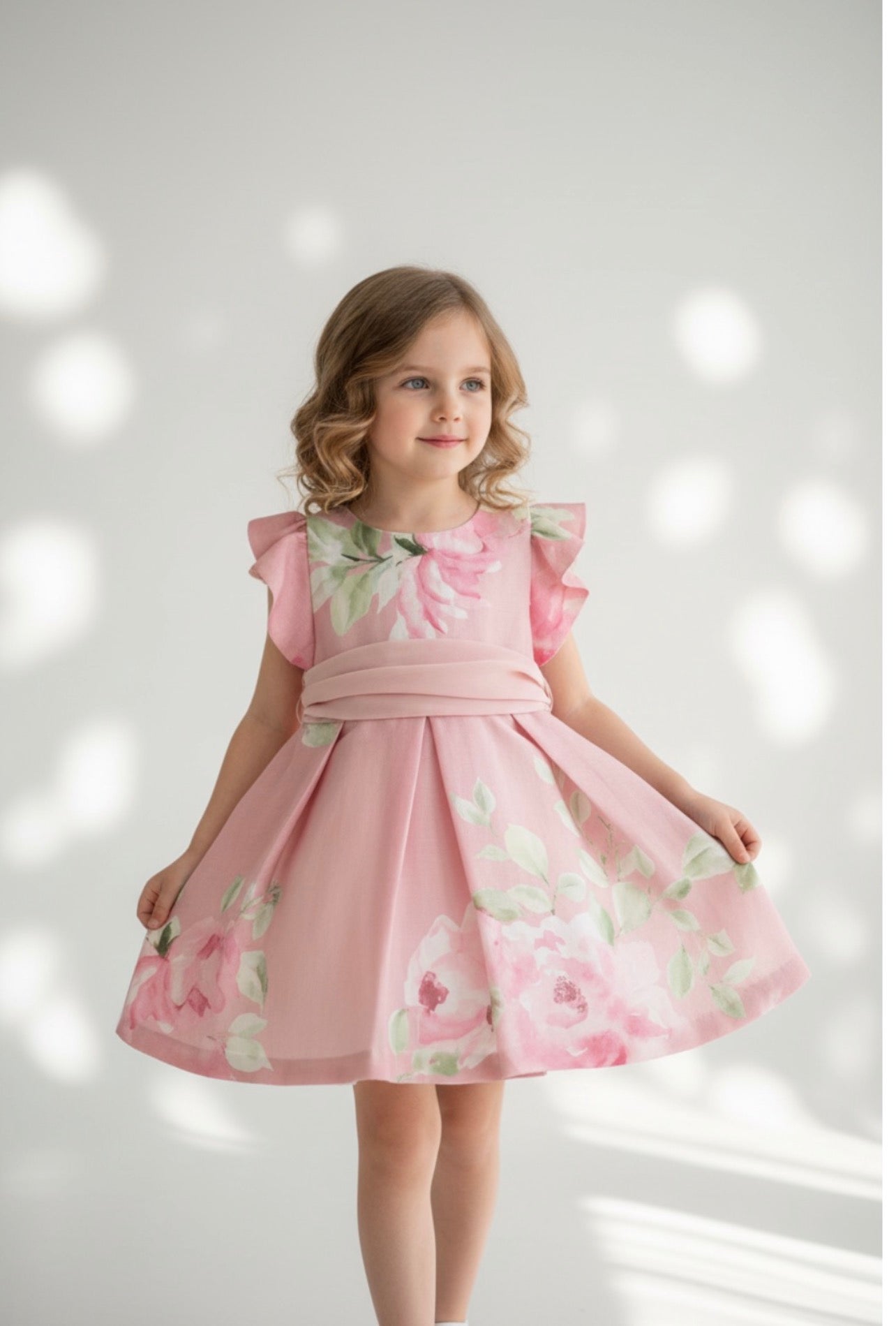 Pink Floral Flutter Sleeve Dress