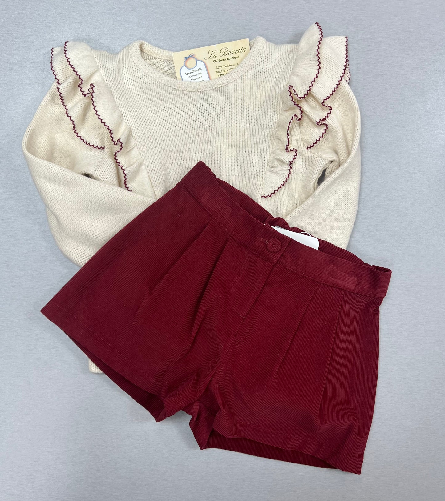 2pc Girls Burgundy & Ivory winter shorts set