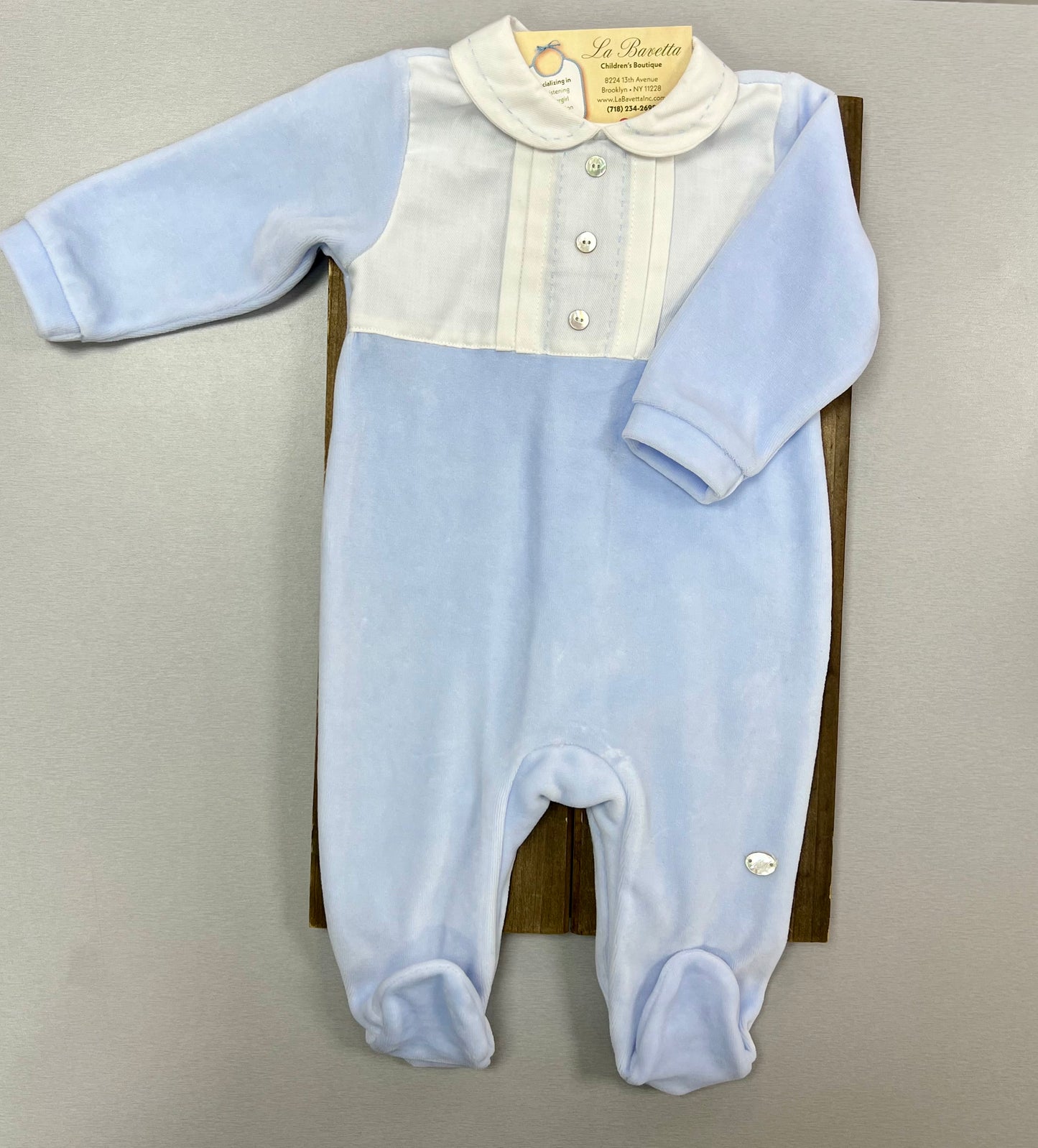Blue cotton/ velour boys romper