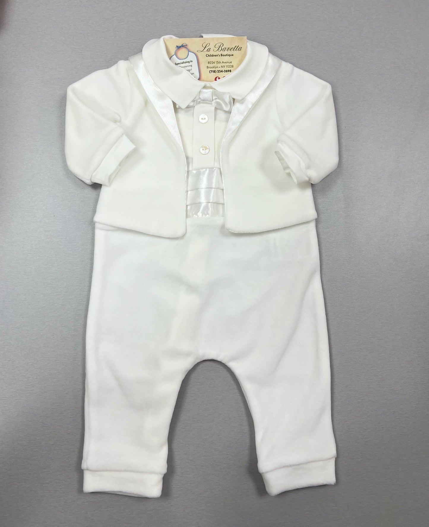 Bimbalo Boys’ One Piece white Velvet Tuxedo Jumper With matching hat