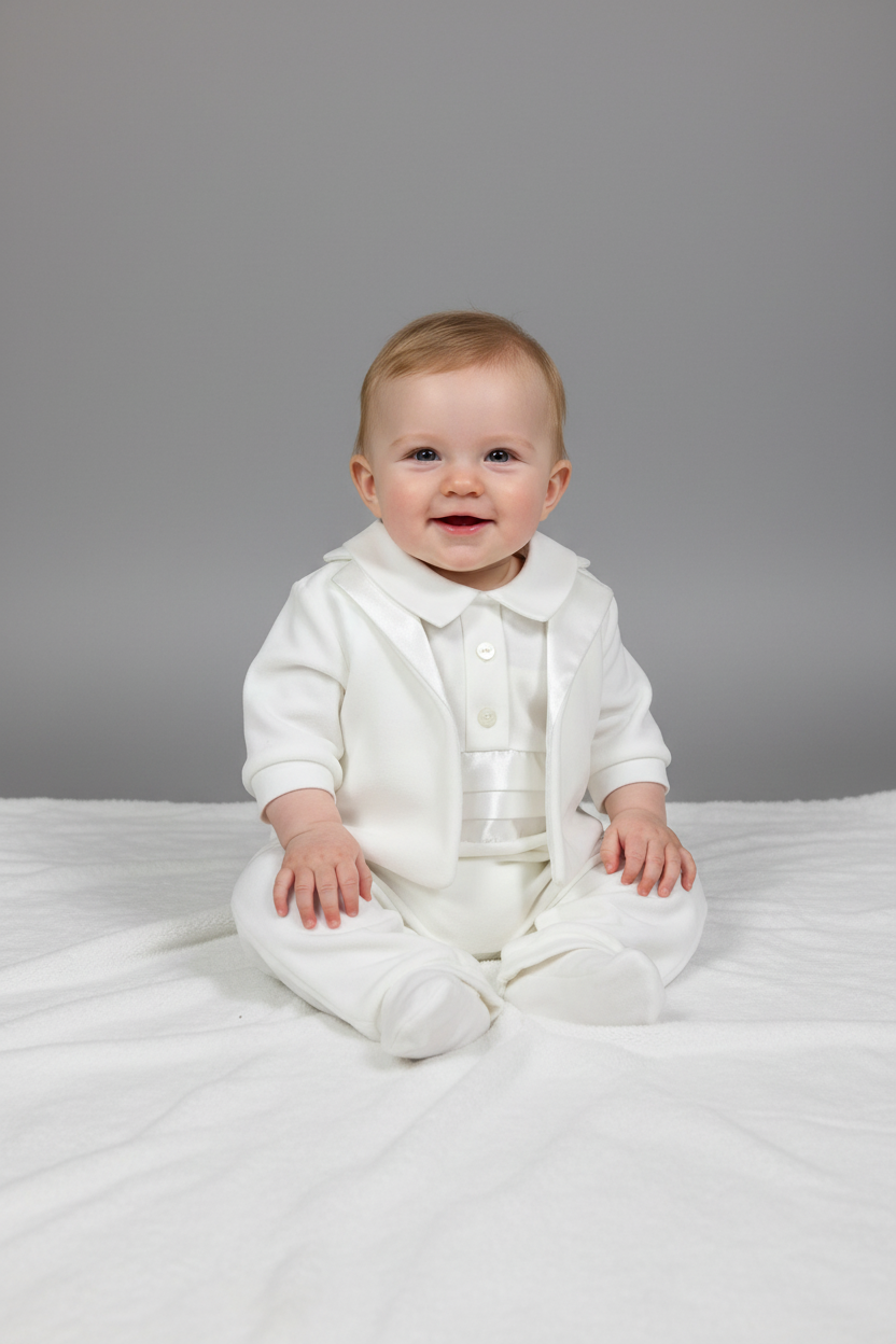 Bimbalo Boys’ One Piece white Velvet Tuxedo Jumper With matching hat
