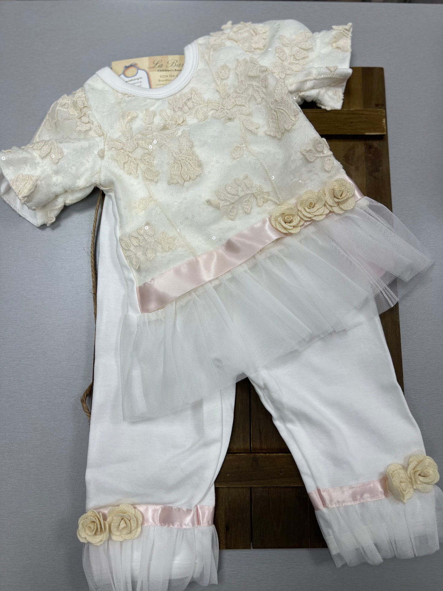 2pc baby girls ivory/Pink cotton lace pants set