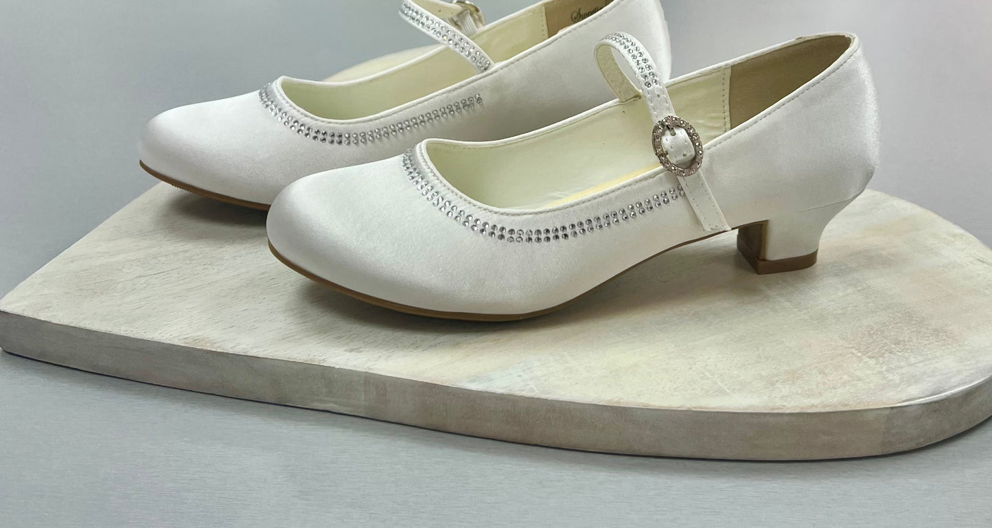 White satin communion shoes with rhinestones SW6138 sweetie pie