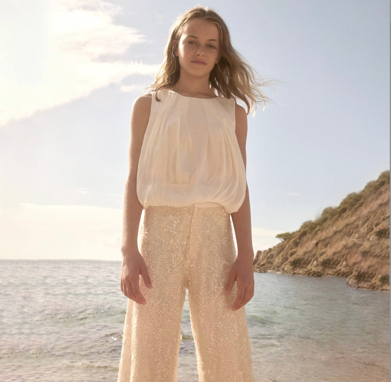 Girls ivory chiffon top & sequence Lace pants