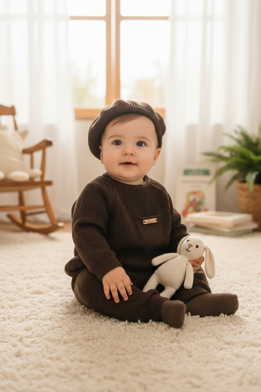 Baby Ribbed Knit 3-Piece Set – Chocolate Brown