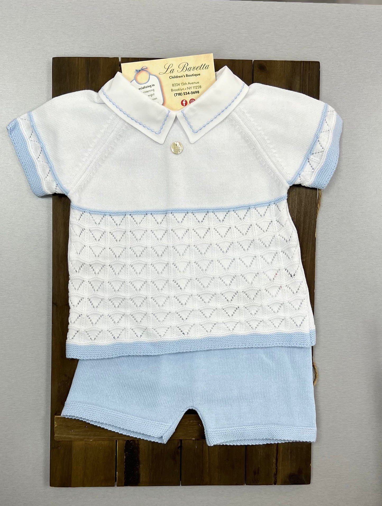 Baby Boy 2pc cotton knit blue and white shorts set