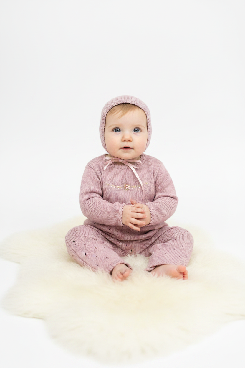 Pink Knit Baby Romper Set with Bonnet -Lucera