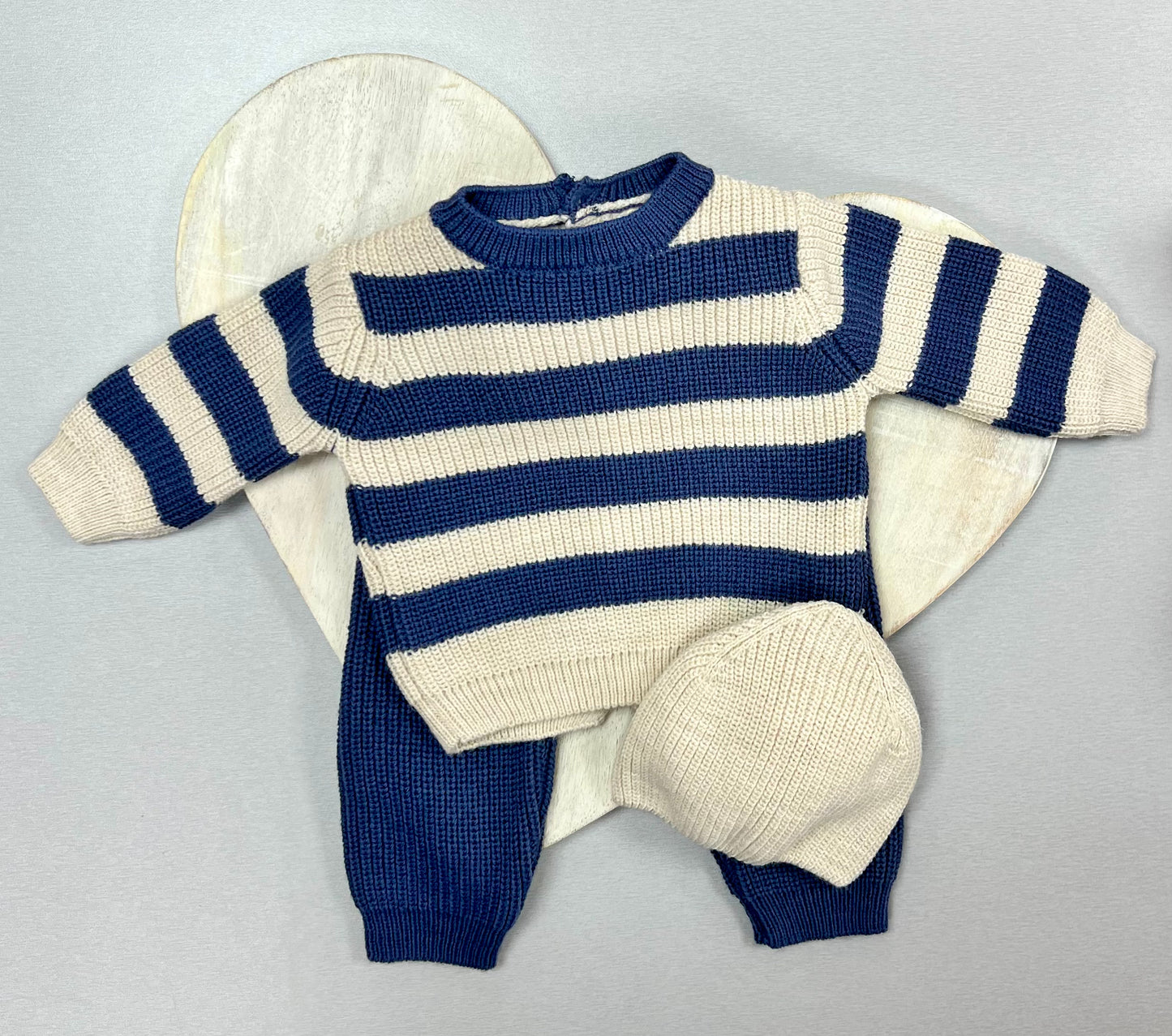 Blue and cream Baby Boy soft knit pants set w/Hat