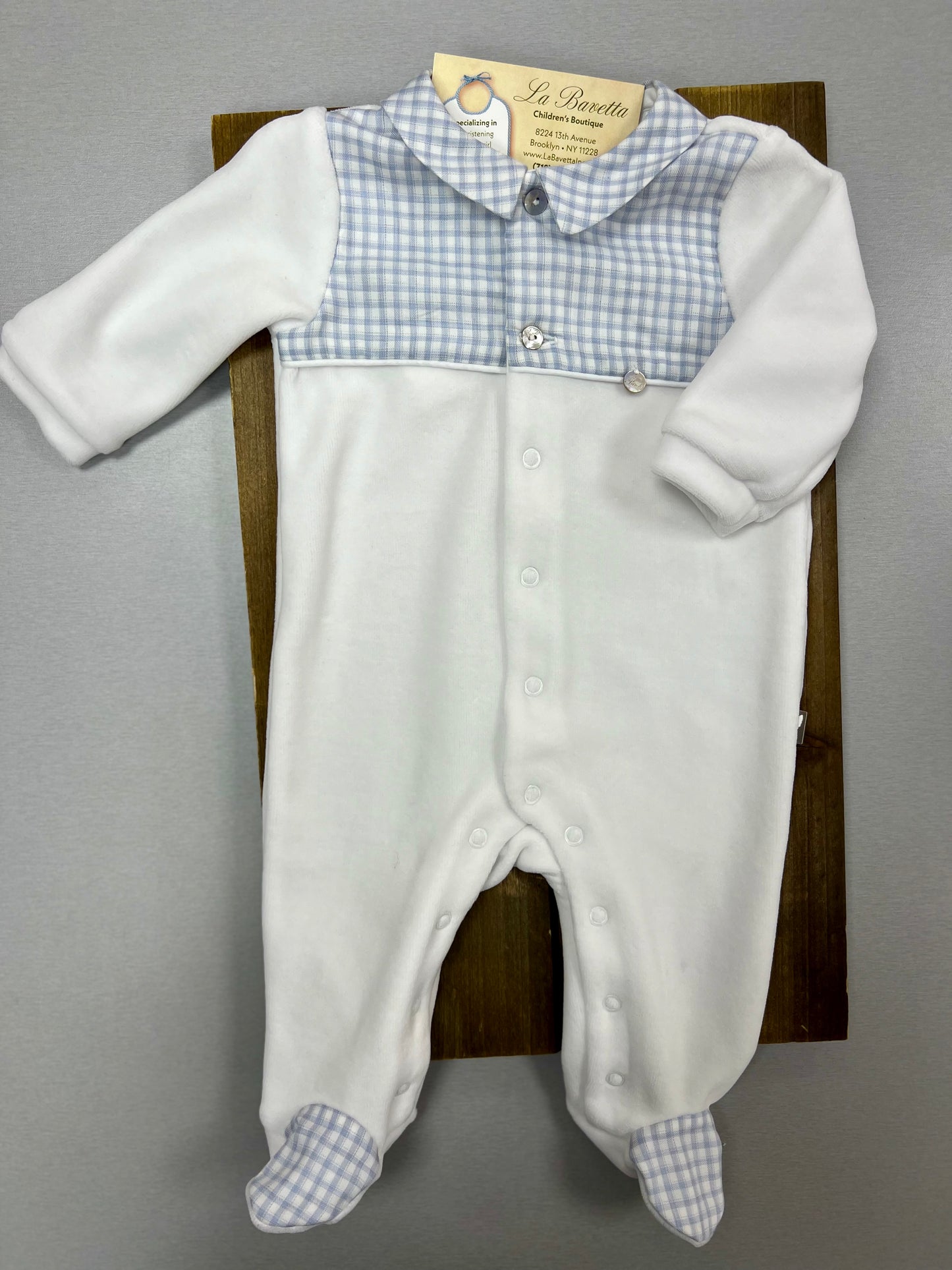 White with blue checkered velour cotton romper