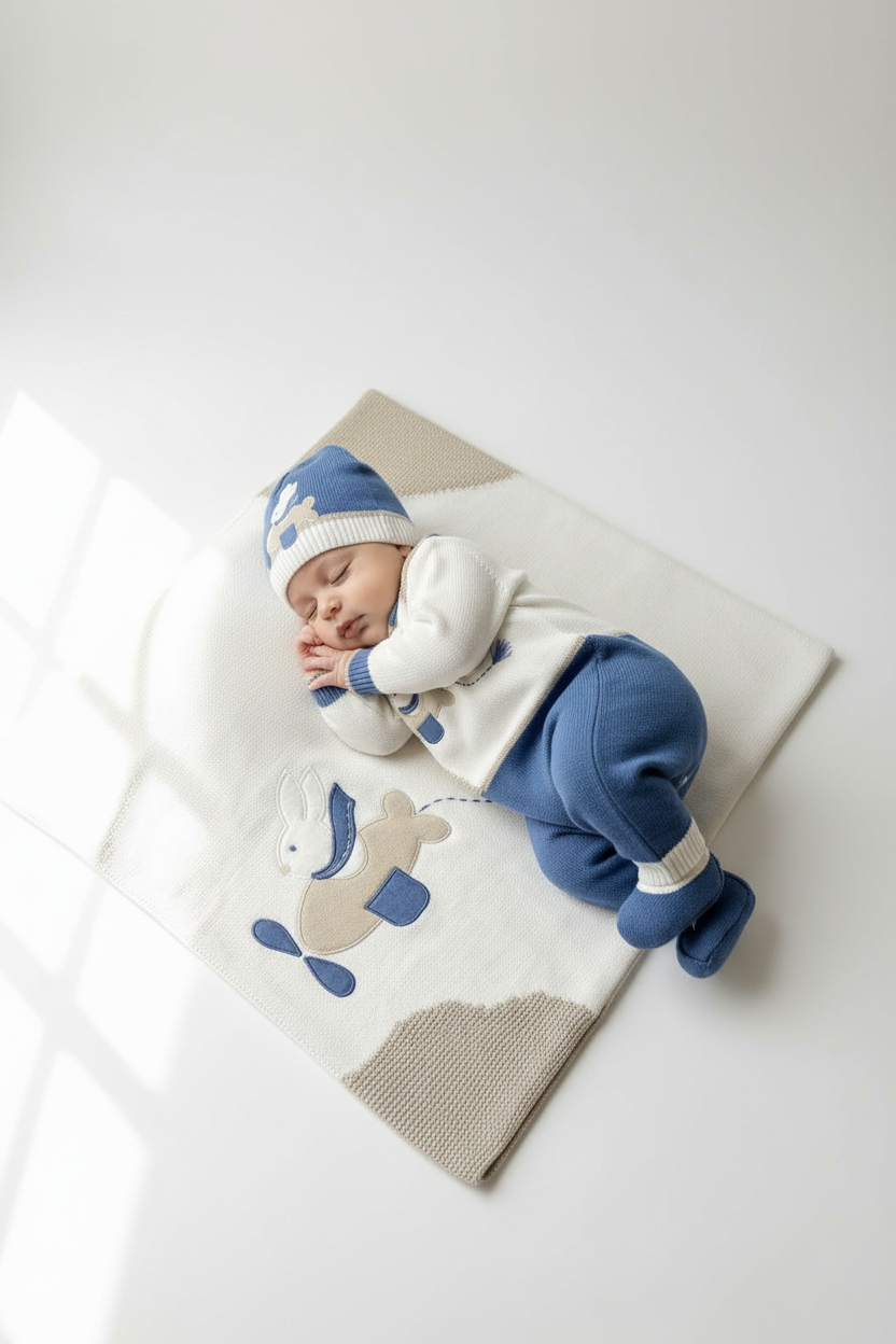Baby Boy Knit 3-Piece Take-Me-Home Set — Navy, White & Taupe Made In Italy