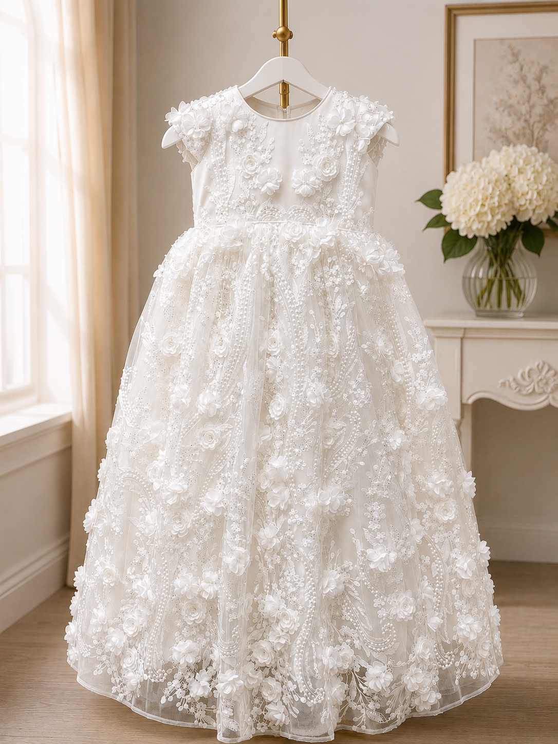 Pearls & Petals — 3D Floral Lace Christening Gown by Dolce Bambini