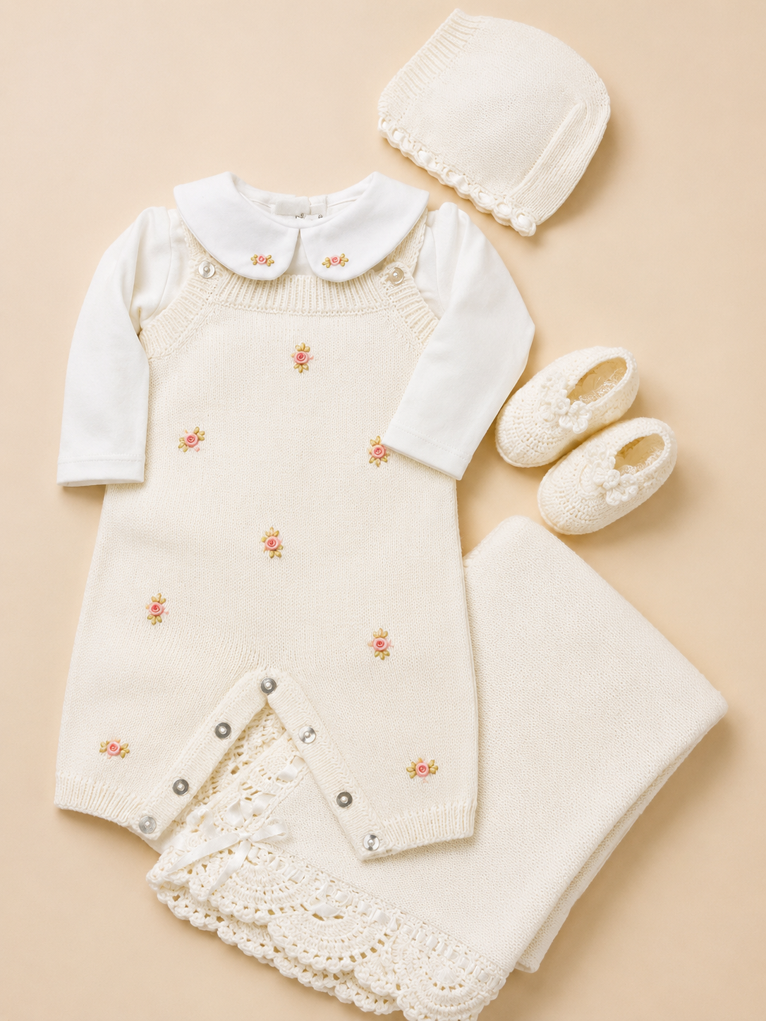 Ivory Rose Embroidered Knit Take-Home Set Rococo