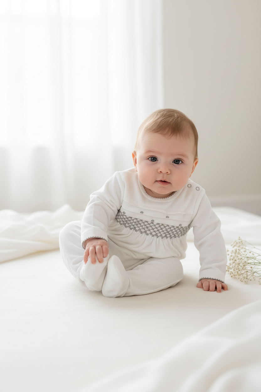 White with grey Smocked Baby Romper